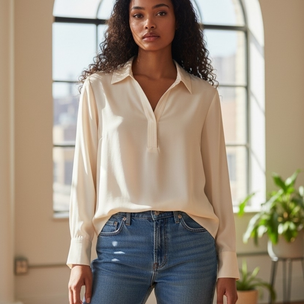 Women's Cream Long-Sleeve Button-Down Shirt — Collared Pullover Blouse